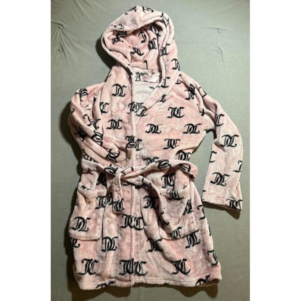 Juicy Couture Bubblegum Robe Womens S/M Pink Luxe Plush Black All Over Logo .